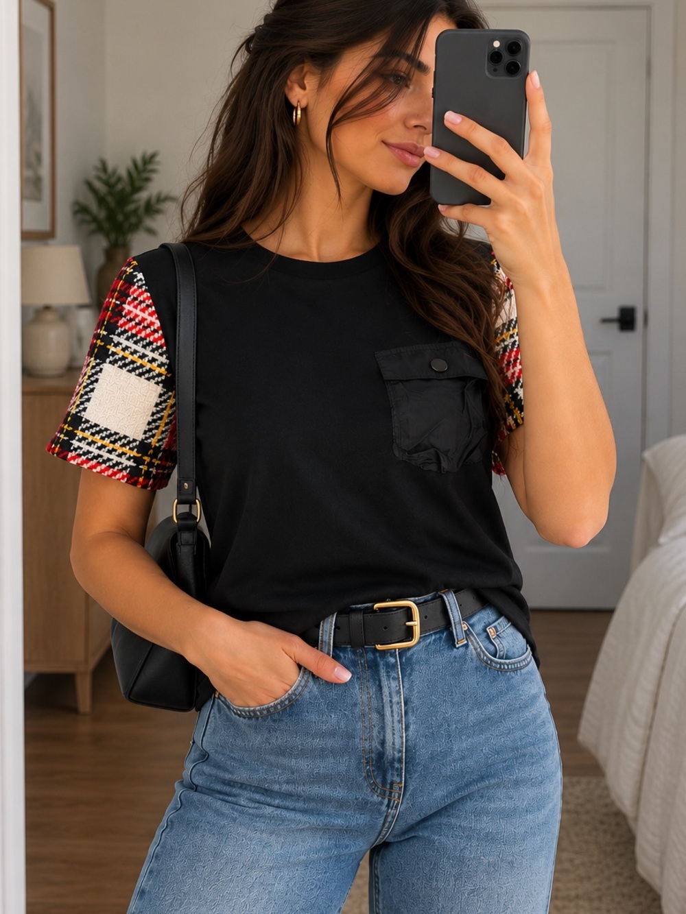 ZARA Woman Black Plaid Tweed Sleeve Pocket T-Shirt Top Size Medium